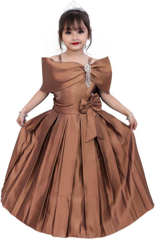 Girls Maxi/Full Length Party Dress  (Brown, Half Sleeve)
