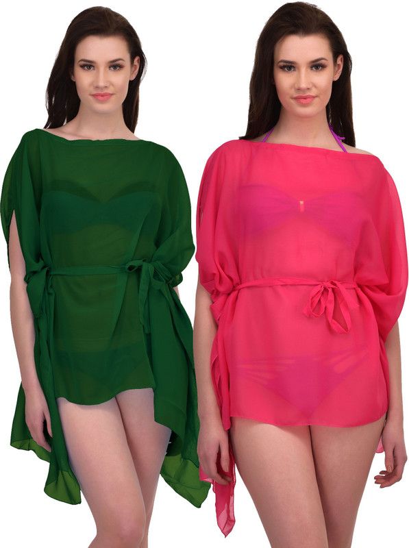 Kaftan Cover Up Short Beach Dresses Solid Women Swim-dress Green, Pink Swimsuit