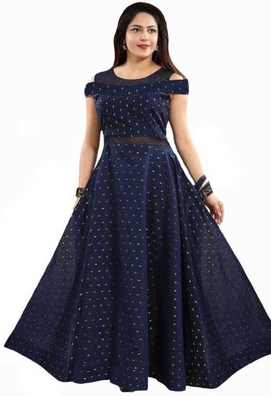 Printed Satin Semi Stitched Flared/A-line Gown  (Blue)