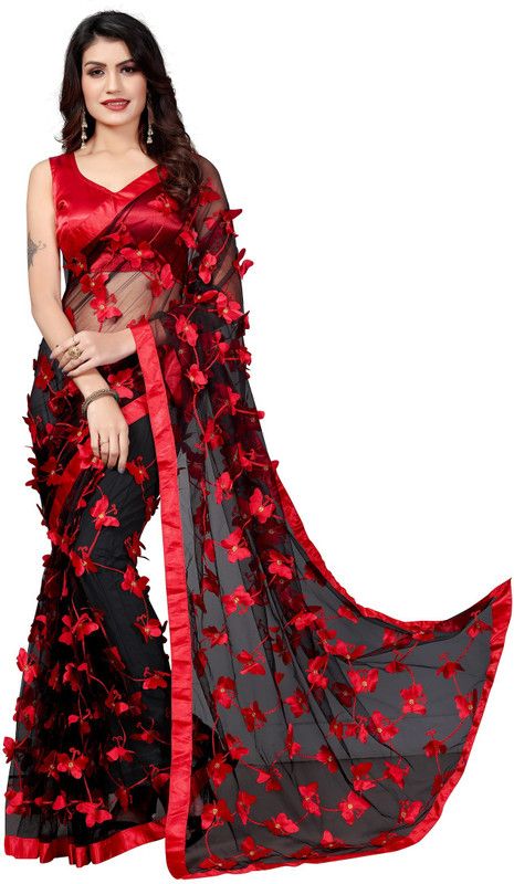 Applique Fashion Net Saree  (Black)