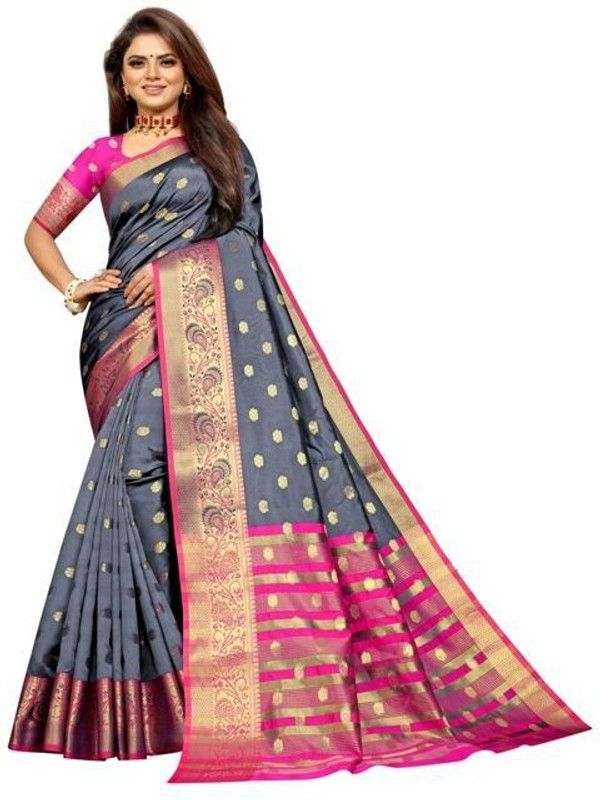 Woven Daily Wear Jacquard, Cotton Silk Saree  (Pink, Grey)