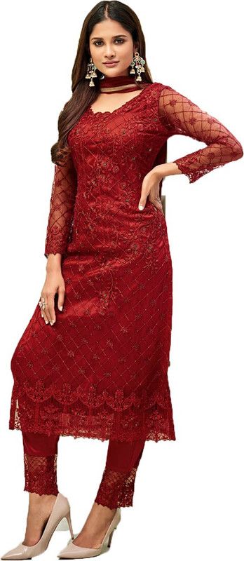 Semi Stitched Net Salwar Suit Material Embroidered, Solid