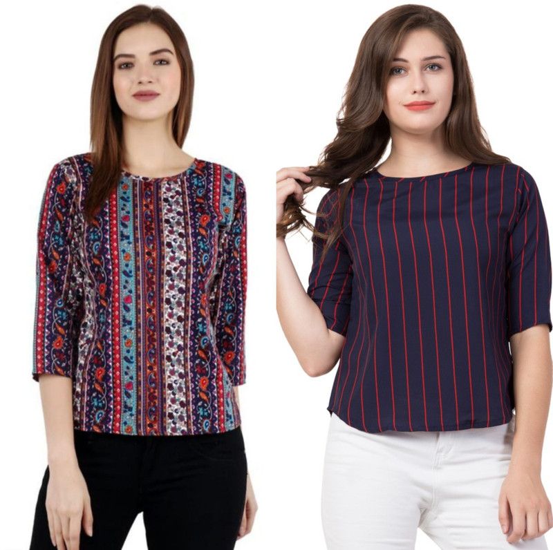 Pack of 2 Formal Regular Sleeves Printed Women Multicolor, Dark Blue Top