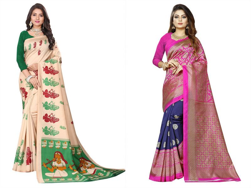 Printed Kanjivaram Art Silk Saree  (Pack of 2, Multicolor)
