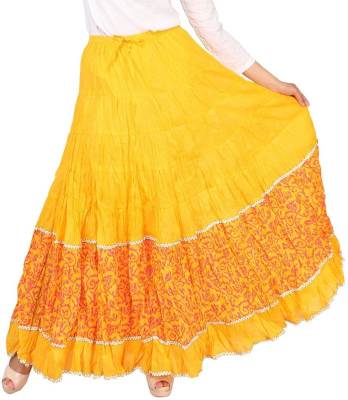 Women Printed Broomstick Pink, Yellow Skirt