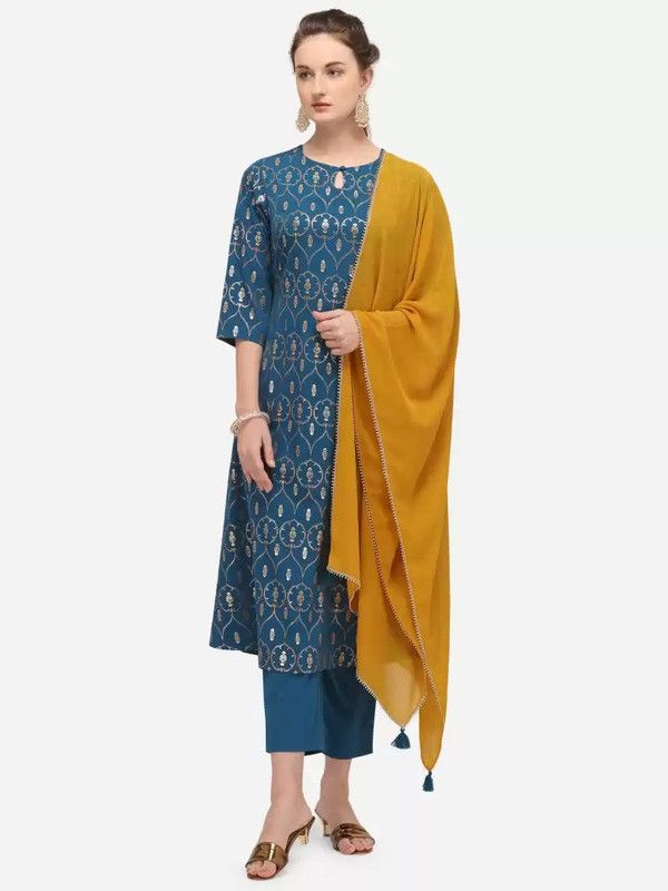 Women Crepe Kurta, Pant And Dupatta Set