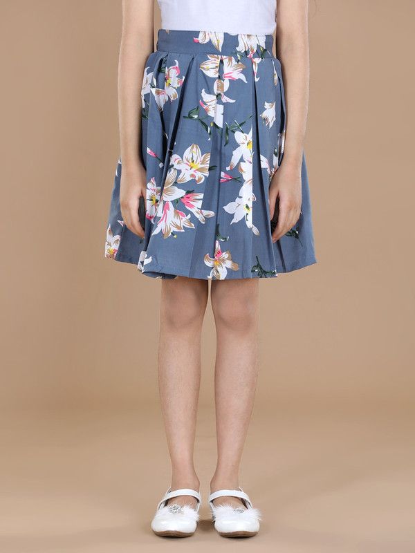 Girls Floral Print Flared Grey Skirt