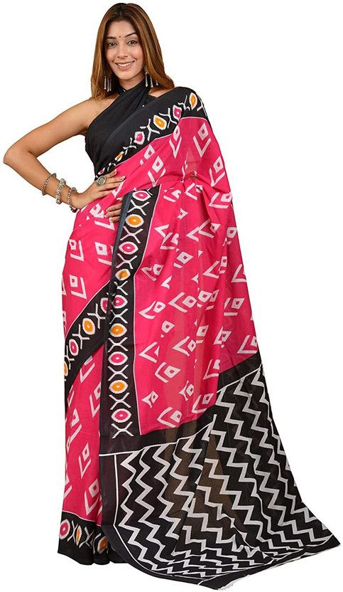 Printed, Color Block, Blocked Printed, Dyed Daily Wear Pure Cotton Saree  (Pink)