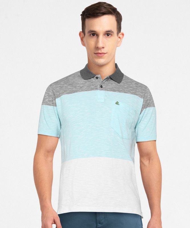 Men Striped Polo Neck Cotton Blend Light Blue, White, Grey T-Shirt