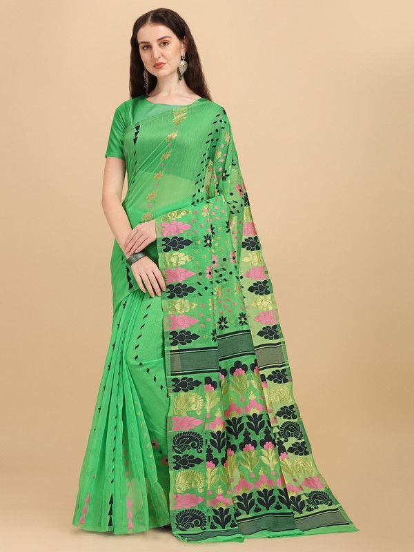 Woven Jamdani Cotton Blend Saree  (Light Green)
