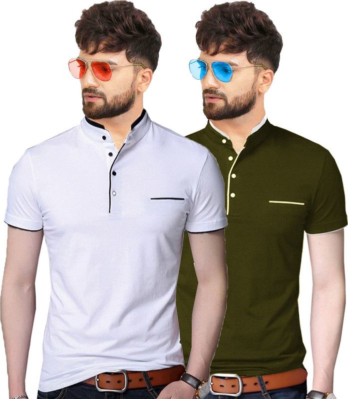 Pack of 2 Men Solid Henley Neck Pure Cotton Dark Green, White T-Shirt