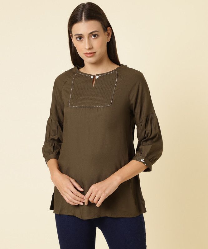 Formal Regular Sleeves Self Design Women Green Top