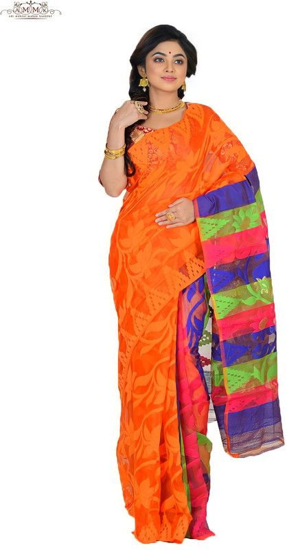 Embroidered Jamdani Cotton Silk Saree  (Multicolor, Orange)