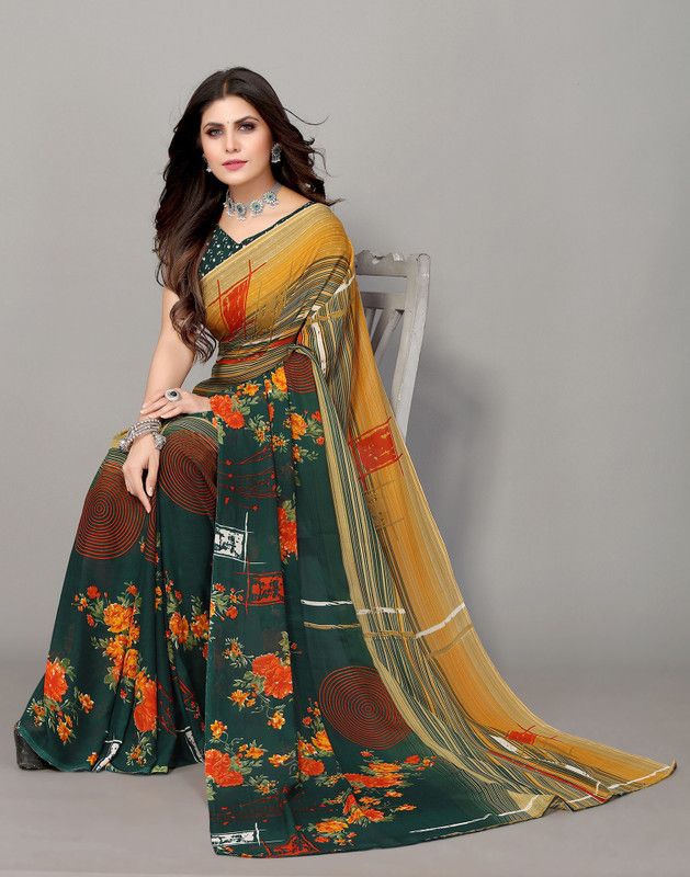 Printed, Floral Print, Striped, Geometric Print, Polka Print Daily Wear Georgette Saree  (Dark Green, Beige)
