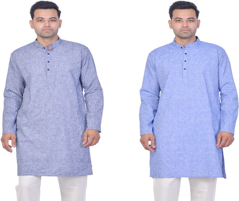 Pack of 2 Men Self Design Cotton Linen Straight Kurta  (Dark Blue, Blue)