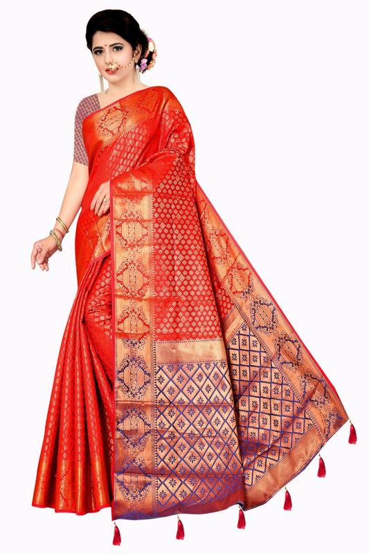 Woven Banarasi Silk Blend Saree  (Pack of 2, Red)