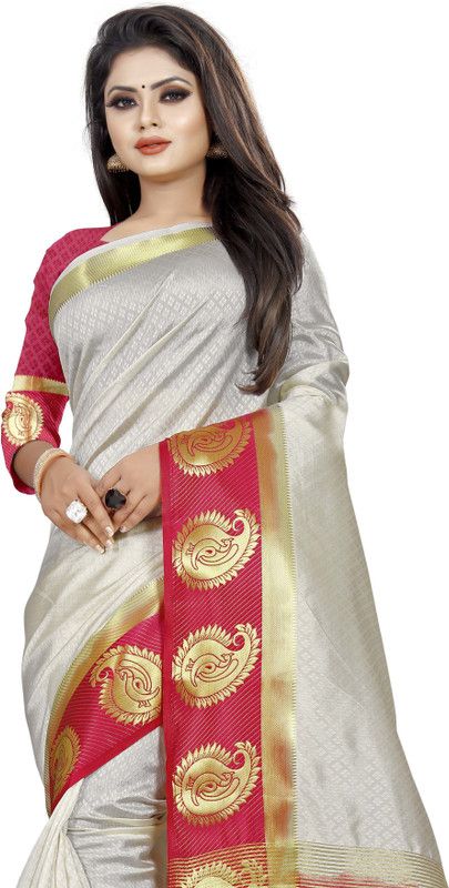 Self Design Kanjivaram Tussar Silk Saree  (White)