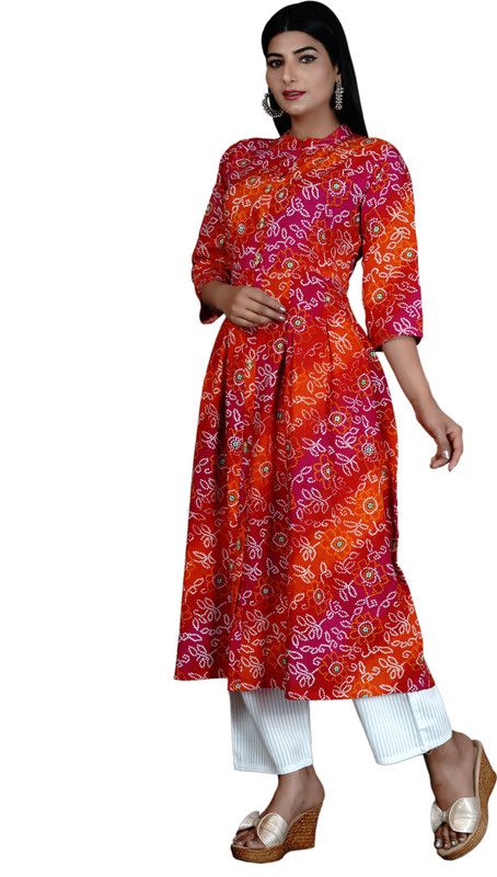 Women Bandhani Viscose Rayon Frontslit Kurta  (Multicolor)