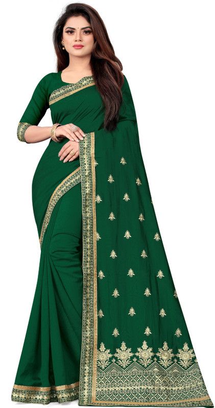 Self Design, Embroidered, Solid/Plain Bollywood Art Silk Saree  (Dark Green)