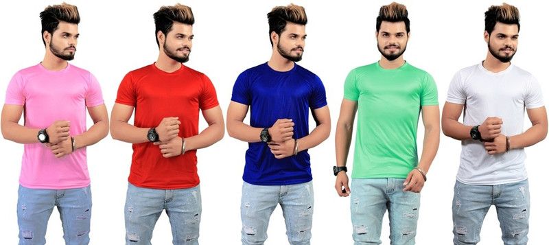 Pack of 5 Men Solid Round Neck Polyester Pink T-Shirt