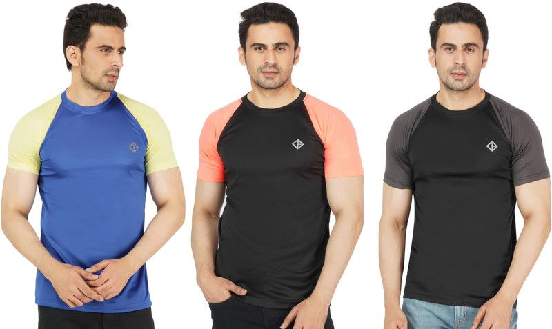 Pack of 3 Pack Of 3 Men's Half Sleeves Regular Fit Sports T-Shirt | Casual Tshirt - [ ADRBLU-YLO + BLK-CRLhaze + BLK-GRY ] Men Colorblock Round Neck Poly Cotton Multicolor T-Shirt