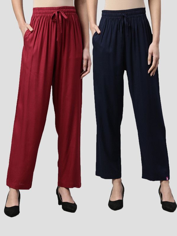 Pack of 2 Women Slim Fit Red, Dark Blue Viscose Rayon Trousers