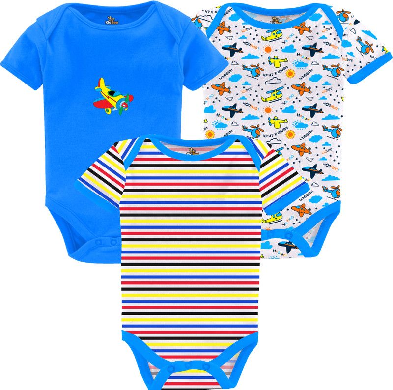 Romper For Baby Boys & Baby Girls Printed Hosiery, Cotton Blend  (Light Blue, Pack of 3)