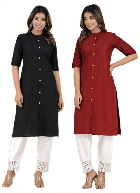 Pack of 2 Women Solid Pure Cotton Frontslit Kurta  (Maroon, Black)