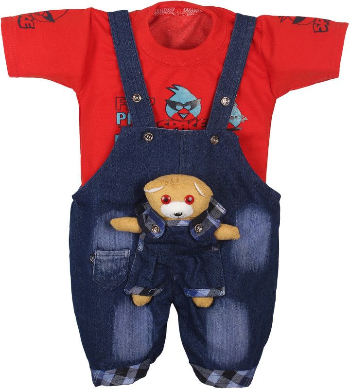 Dungaree For Boys & Girls Casual Printed Hosiery  (Red, Pack of 1)