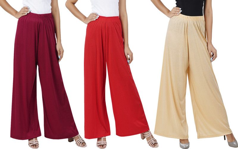 Pack of 3 Women Flared Maroon, Red, Beige Cotton Blend Trousers