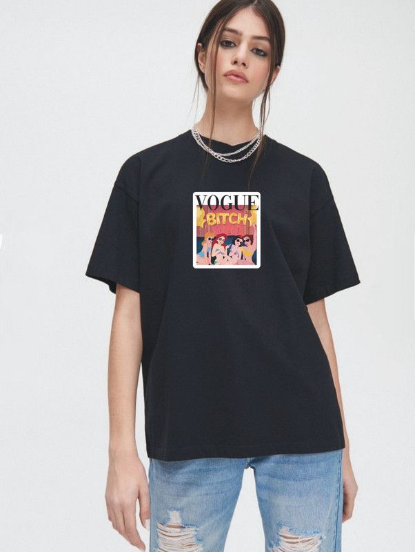 OVERSIZETSHIRT, BOYFRIENDTSHIRTWESTERNWEAR, BOYFRIENDTSHIRT Women Printed Round Neck Cotton Blend Black T-Shirt