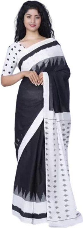 Blocked Printed, Hand Painted, Printed, Self Design, Graphic Print Ikkat Pure Cotton Saree  (White)