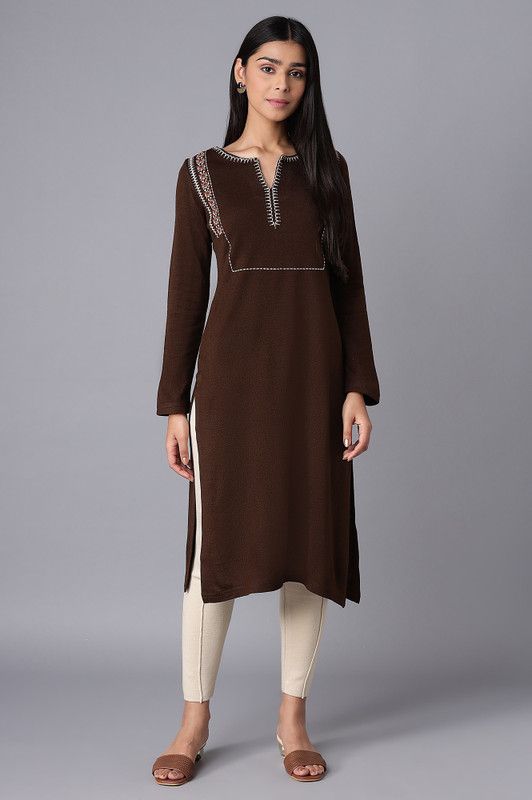 Women Embroidered Acrylic Blend Straight Kurta  (Brown)