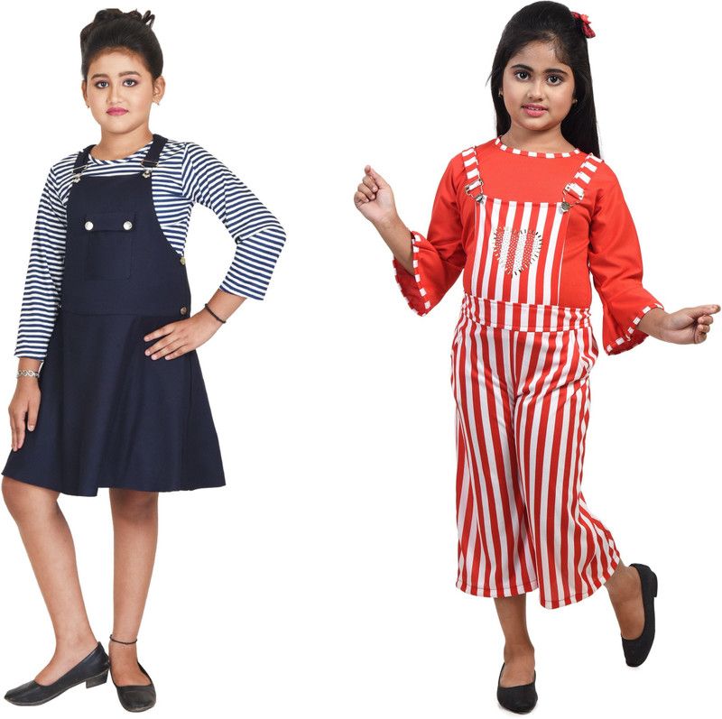 Girls Casual Dungaree and Romper Dungaree  (Red)