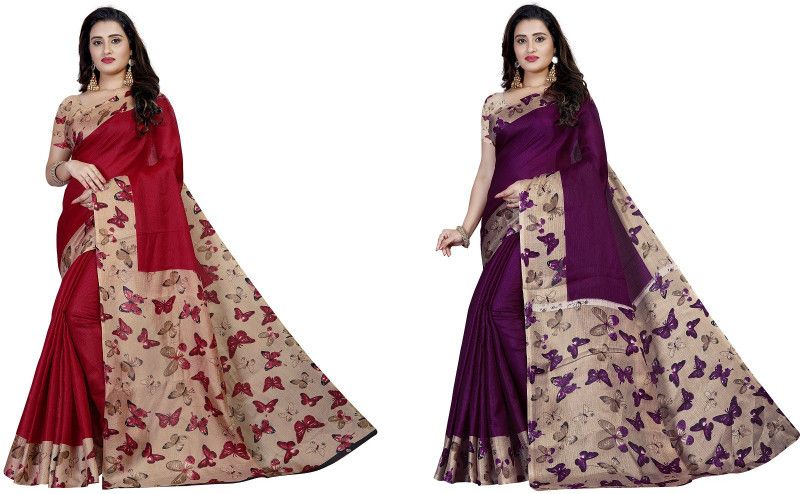 Printed Fashion Cotton Silk Saree  (Pack of 2, Purple, Maroon)