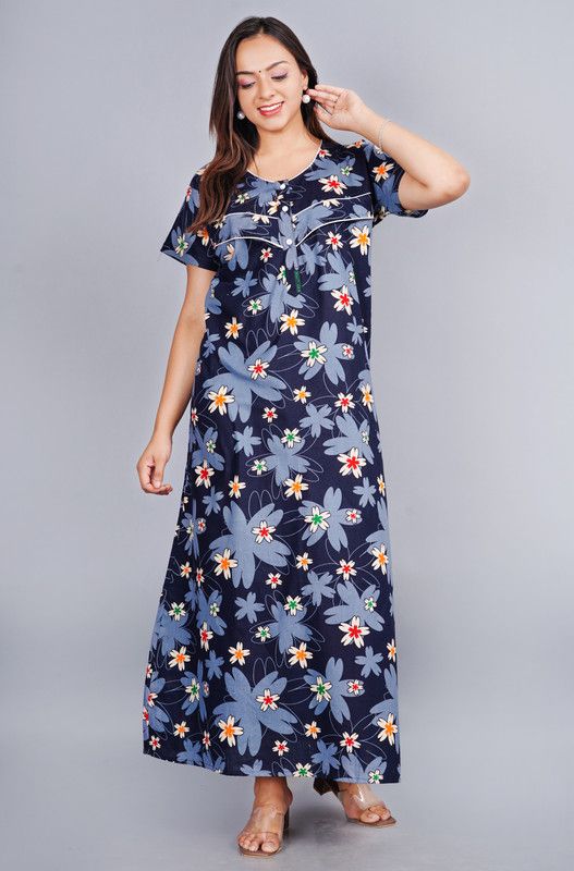 Self Design Pure Cotton Stitched Straight Gown  (Blue)