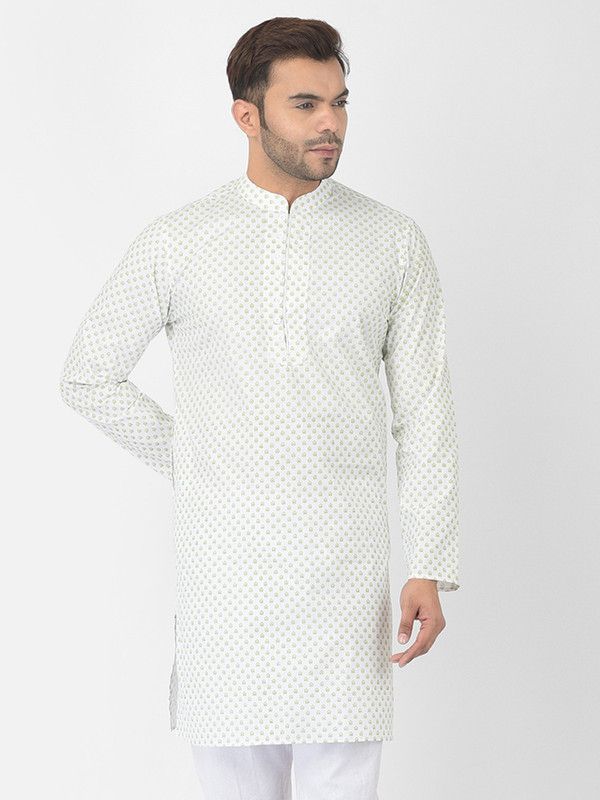 Men Printed Pure Cotton Straight Kurta  (White, Green)