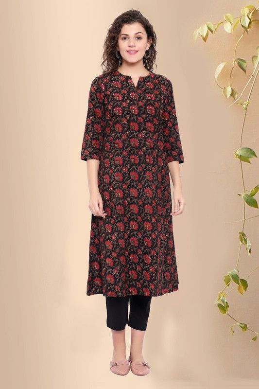 Women Embroidered Pure Cotton A-line Kurta  (Red, Black)