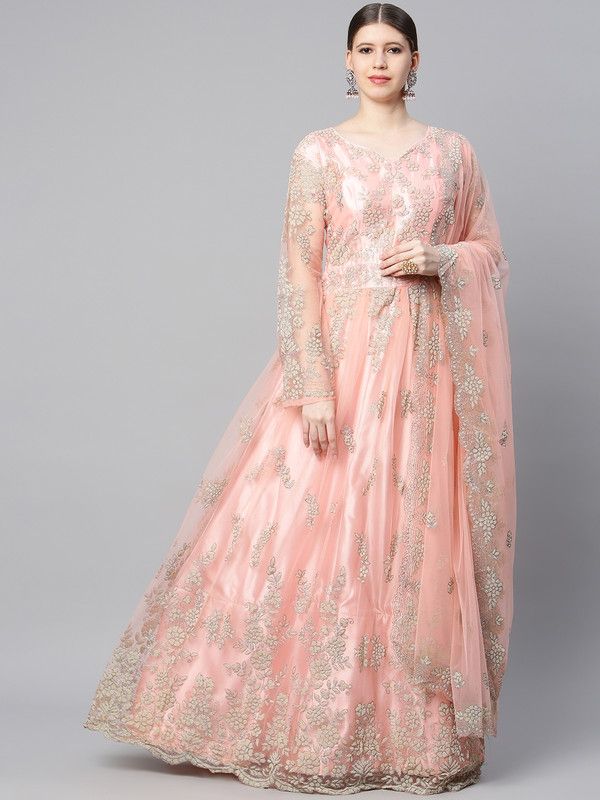 Floral Print Velvet Semi Stitched Anarkali Gown  (Pink)