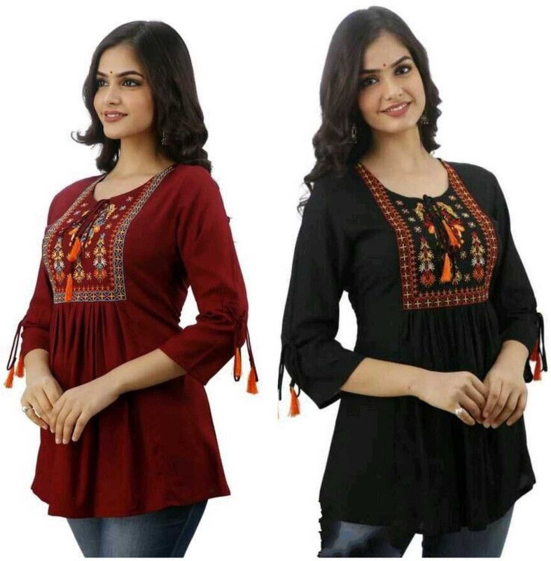 Pack of 2 Beach Wear Regular Sleeves Embroidered Women Maroon, Black Top