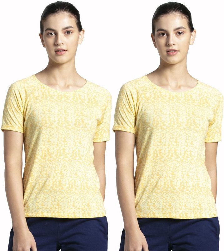 Pack of 2 Women Floral Print Round Neck Pure Cotton Yellow T-Shirt