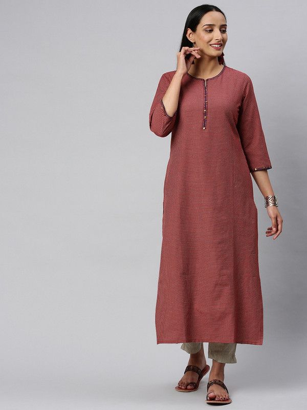 Women Checkered Pure Cotton Straight Kurta  (Maroon)