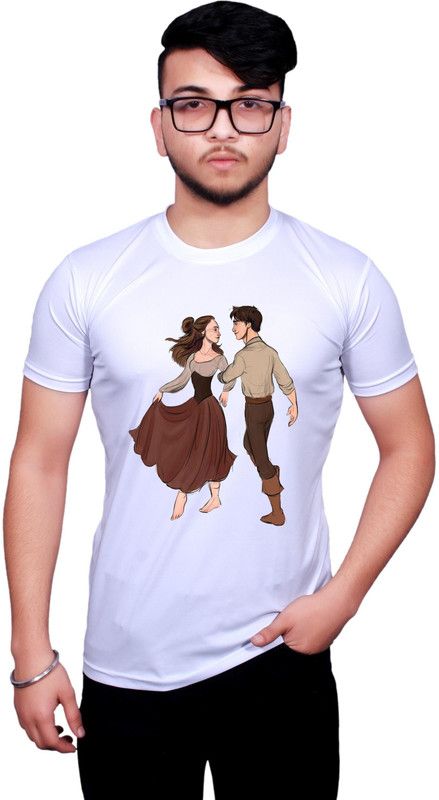 Men Printed Round Neck Polyester White T-Shirt