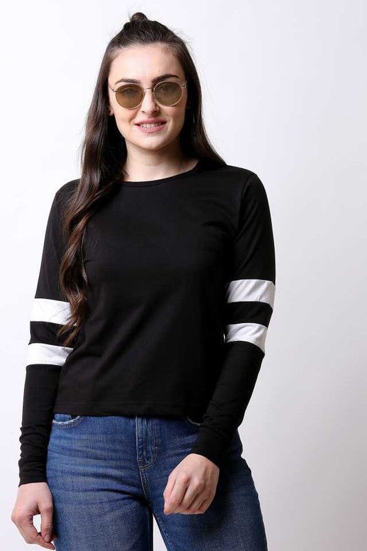 Women Solid Round Neck Cotton Blend Black T-Shirt
