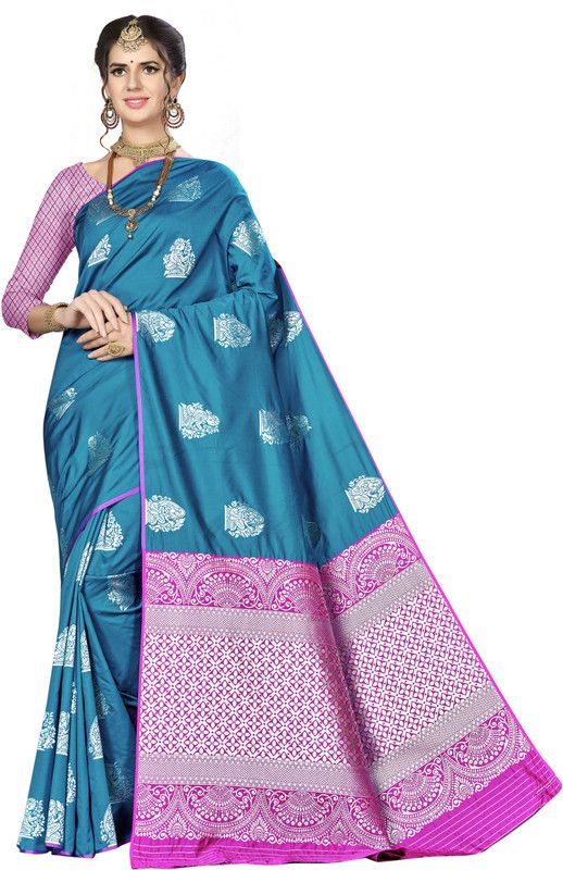 Woven Kanjivaram Silk Blend Saree  (Blue)