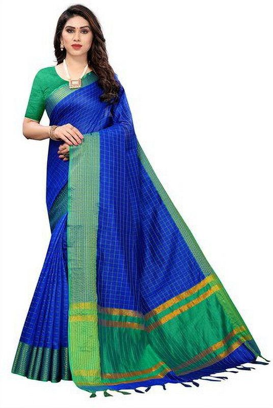 Checkered Banarasi Cotton Silk Saree  (Light Blue)