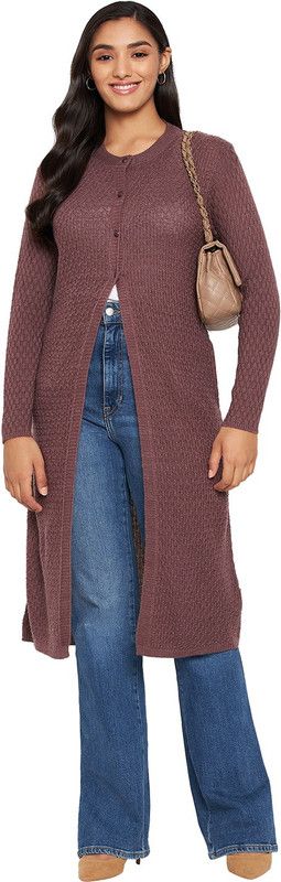 Women Solid Round Neck Brown Sweater