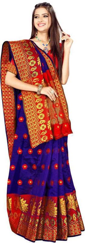 Temple Border, Woven, Animal Print, Solid/Plain Bollywood Silk Blend, Jacquard Saree  (Blue)