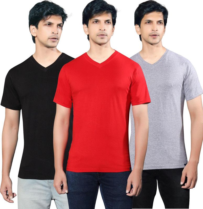 Pack of 3 Men Solid V Neck Pure Cotton Red, Black, Grey T-Shirt