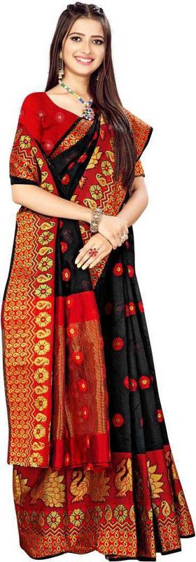 Temple Border, Woven, Animal Print, Solid/Plain Bollywood Silk Blend, Jacquard Saree  (Black)